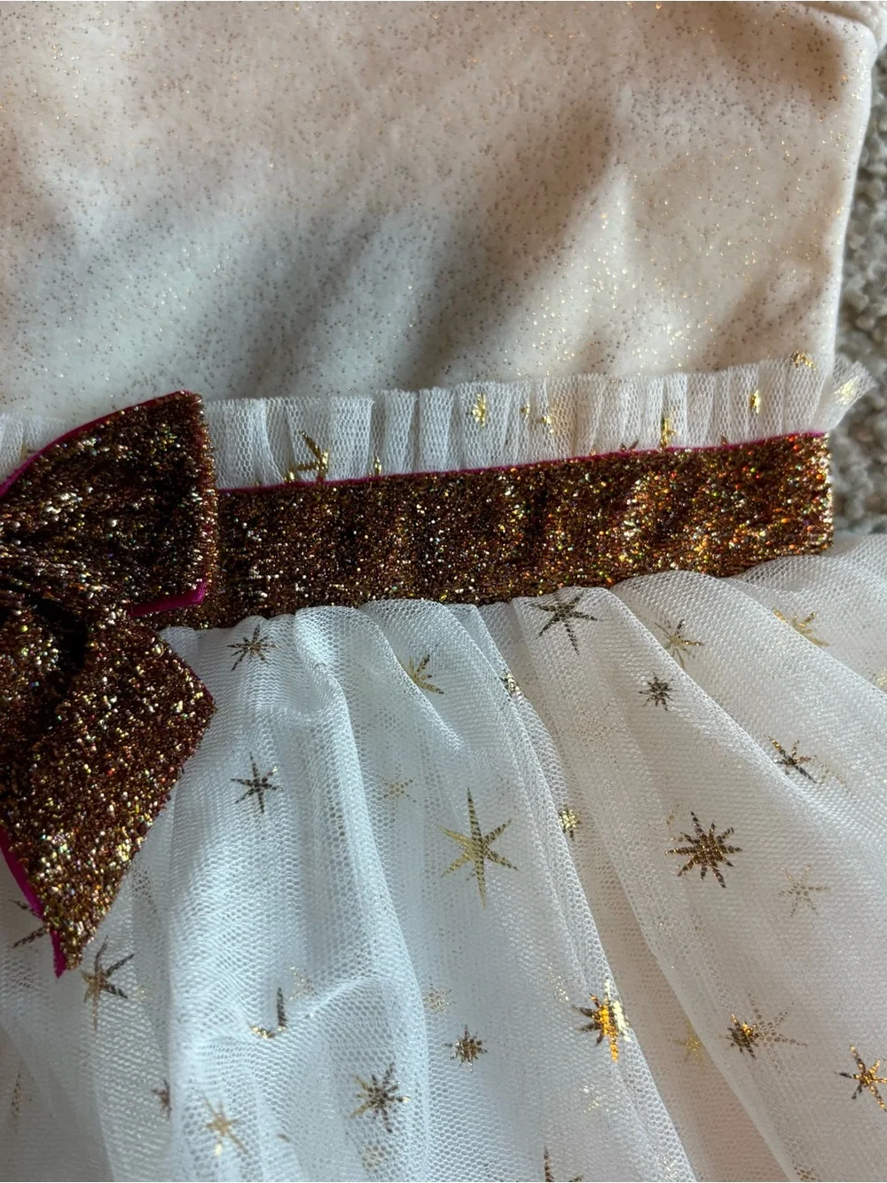 American Girl Bitty Baby Tiered Tulle Dress with Gold Star Print Gold Bow Sz 7
